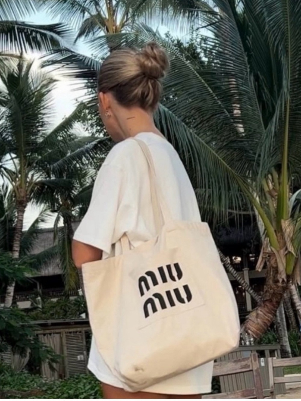 Miu Miu Parfums Collection Cream Canvas Tote with Black Logo - New